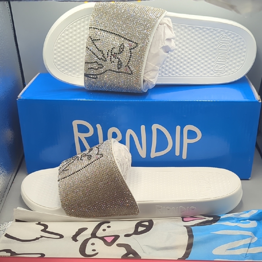 RIPNDIP Lord Nermal Slides (White Rhinestone) Size - 11